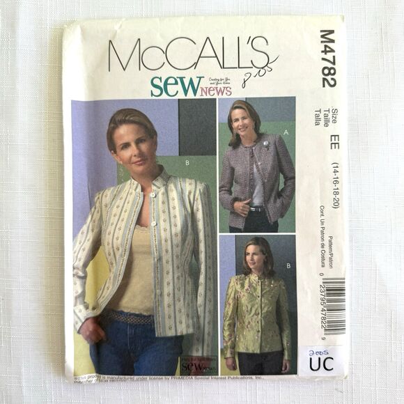 McCALLS 4782 Sewing Pattern Fitted Lined Jackets W/Mandarin Collar PLUS Sz 14-20 - Picture 1 of 3